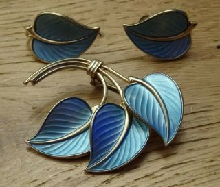 Vintage Hans Myhre Norway Sterling Silver Blue Guilloche Enamel Brooch Earrings