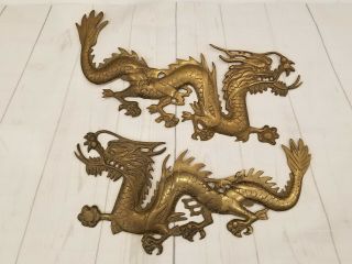 2 Vintage Solid Brass Dragon Figure Wall Hangings 17.  6 Inch Long