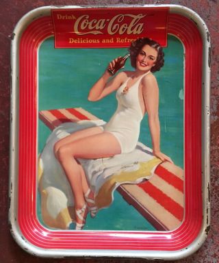 1939 Coca - Cola Bathing Beauty Drinking Coke Metal Advertising Tray