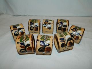 8 Hand Crafted & Painted Pottery Napkin Rings Signed Netzi Mexico