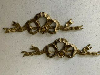 Vintage Gold Tone Brass Ribbon Bow Wall Hanger Picture Decor Toppers Set Of 2
