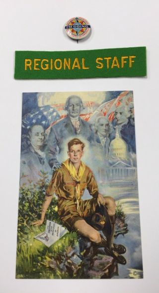 1937 National Jamboree " Regional Staff " Patch,  Postcard,  And Pin.  One Bid