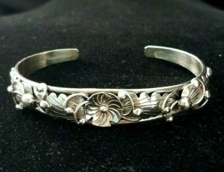 Vtg Navajo Sterling Silver Applique Ornate Cuff Bracelet Squash Blossom Signed K