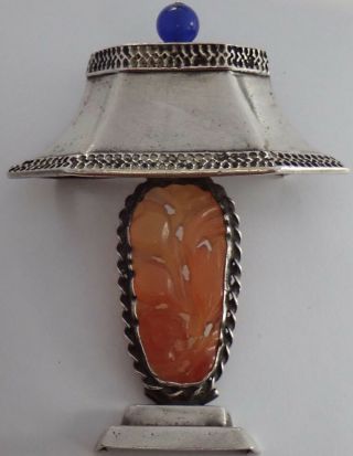 Vintage Art Deco Sterling Silver Carved Orange Jade Chinese Lamp Brooch