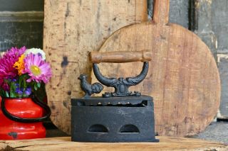 Old Antique Sad Iron Wooden Handle Black Metal Coal Iron With Rooster Figurine