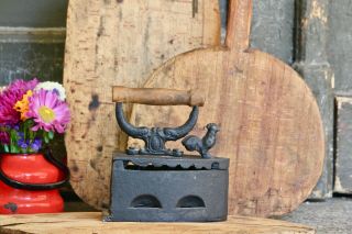Old Antique Sad Iron Wooden Handle Black Metal Coal Iron with Rooster Figurine 3