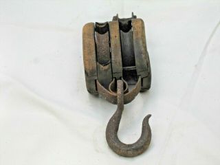 Vintage Pulley Double Wheel Block & Tackle Wooden Cast Iron Steam Punk Antique