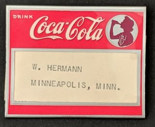 1939 Coca Cola Celluloid Silhouette Girl Convention Badge.  Coke Name Badge
