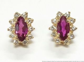 Fine Natural Ruby Diamond 14k Gold Earrings Vintage Navette Shaped Halo Studs