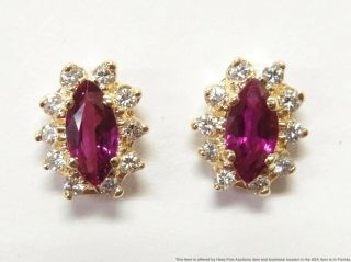 Fine Natural Ruby Diamond 14k Gold Earrings Vintage Navette Shaped Halo Studs 2