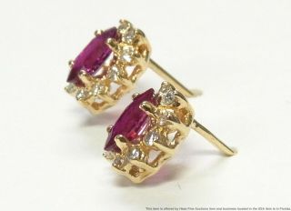 Fine Natural Ruby Diamond 14k Gold Earrings Vintage Navette Shaped Halo Studs 3