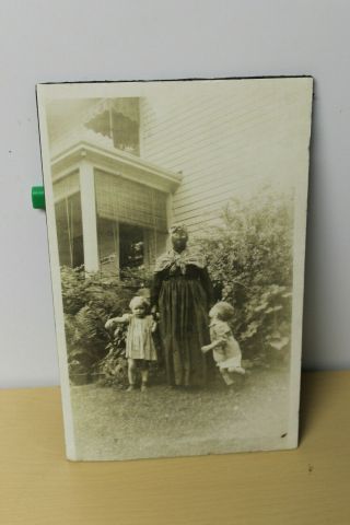 Large Antique Vintage Photograph - Lady In Black Face Withtwo Children