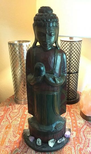 Tall Wooden Buddha Statue,  21 Inches,  With Quartz And Amethyst Crystals