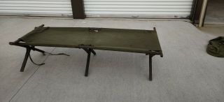 Vintage Us Military Canvas Cot Folding Green Wood Portable Army Bed Camp 1951