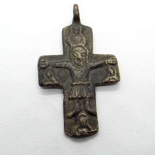 Ancient Artifact Medieval Bronze Cross With Saints