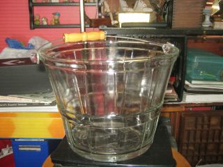 Vintage Anchor Hocking Glass Ice Bucket With Wood Metal Handle