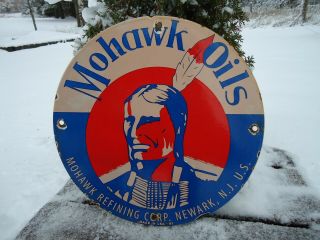 1951 Mohawk Oils Gasoline Porcelain Enamel Gas Pump Sign Indian Chief Newark Nj