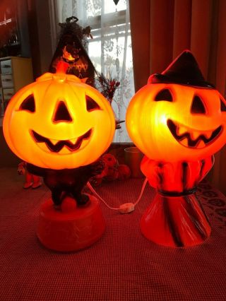 Set Of 4 Vintage Blow Mold Jack O Lantern Light Black Cat Witch Hat Halloween