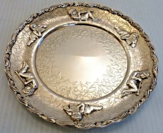 Cherubs Playing Horn & Pipes On Sterling Plate W/ Etched Leaf Decoration Whiting