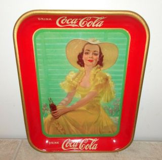 1938 Coca - Cola Coke Metal Tray Serving Lady In Yellow Dress Metal Old