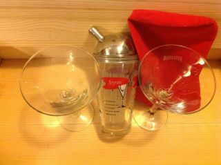 Vintage Beefeater,  Glass Cocktail Shaker With Recipes,  And 2 Martini Glasses