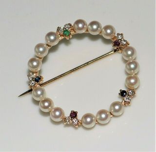 Vintage 14k Yellow Gold Pearl,  Sapphire,  Emerald,  Ruby & Diamond Circle Brooch