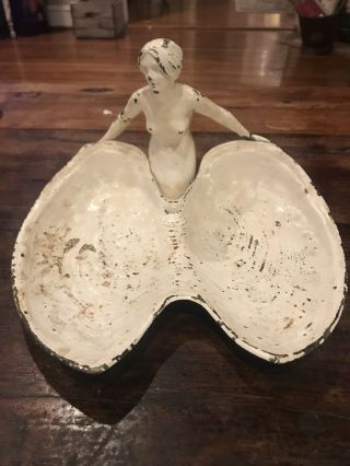 Art Deco Nude Woman Mermaid With Clam Shell Ashtray Trinket Tray Cast Iron