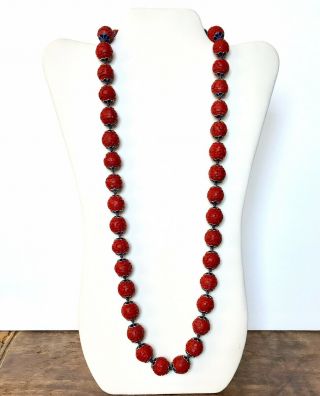 Vintage Chinese Red Cinnabar Cloisonne Beaded Necklace,  Hand Knotted,  30 Inches
