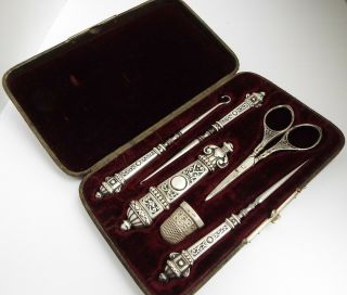 Cased Antique 19th Century French C.  1870 Solid Silver Sewing Set