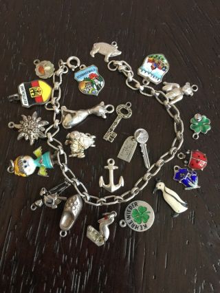 Vintage Sterling Silver Charm Bracelet With German Enamel Good Luck Charms 800