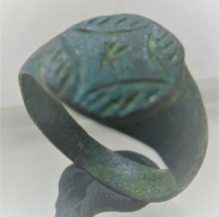 Ancient Byzantine Bronze Seal Ring With Star Of Bethlehem On Bezel