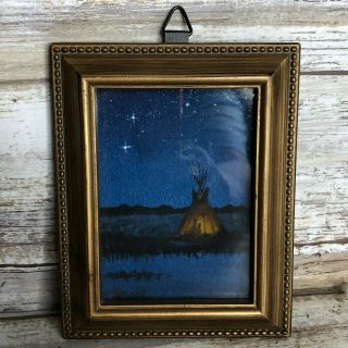 Jeanne Rager Vintage Mini Painting Native American Teepee Night Sky