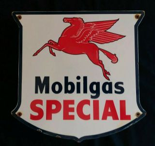 Vintage Mobilgas Special Gasoline / Motor Oil Porcelain Gas Pump Sign