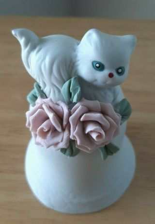 Porcelain Hand Bell With Pink Applied Flowers And Cat Shaped Handle Vintage