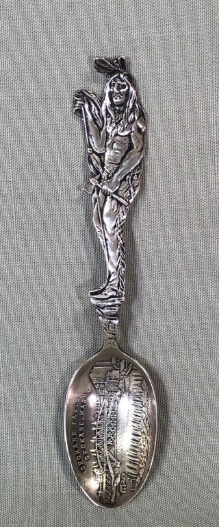 Sterling Souvenir Spoon Figural Indian Brave Papoose 2 Sided Spokane Falls Wash.