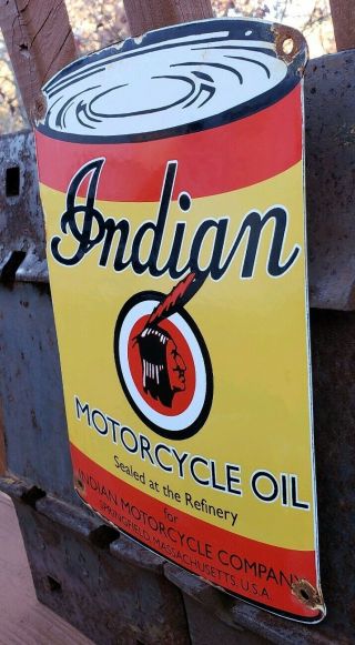 OLD 1930 ' S INDIAN MOTORCYCLE OIL CAN PORCELAIN SIGN SERVICE STATION GAS 2