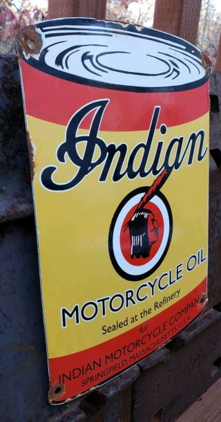OLD 1930 ' S INDIAN MOTORCYCLE OIL CAN PORCELAIN SIGN SERVICE STATION GAS 3