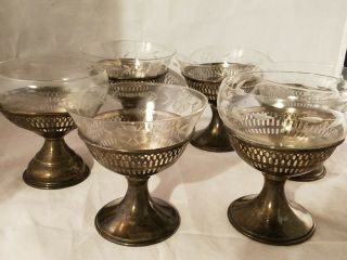 6 Sterling Silver Wine Sherbet Cup Etched Floral Glass Insert 3.  5 " H 179g Vintage