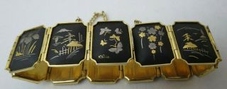 Fabulous Vintage Japanese Damascene Silver & 24k Gold Inlay 11 Panel Bracelet 7 "