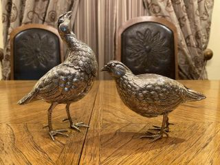 Very Rare Pair Spanish Sterling Silver 925 Partridges Figurines Birds.