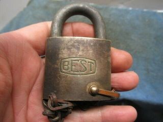 Rare,  Unusual Old Brass Best Padlock Lock Only Marked On One Side.  N/r