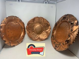 Set Of 3 Vintage Gregorian Hand Hammered Solid Copper Wall Hanging Plate Trays