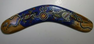 Boomerang - Hand Painted Australian Aboriginal Art 10 " Lizard & Kangaroo Blue