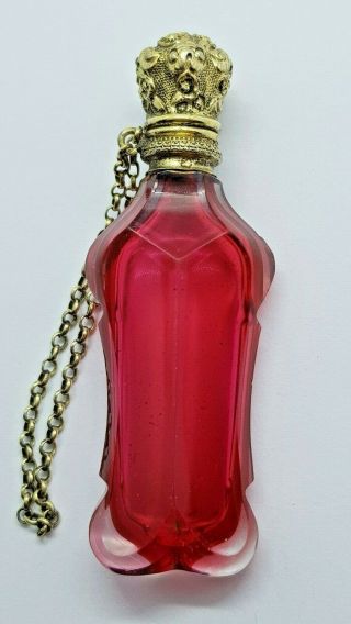 Vintage French Silver Gilt Cranberry Glass Chatelaine Fob Perfume Scent Bottle