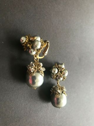 Sign Miriam Haskell Huge Baroque Silver Pearls Rhinestone Earrings Jewelry