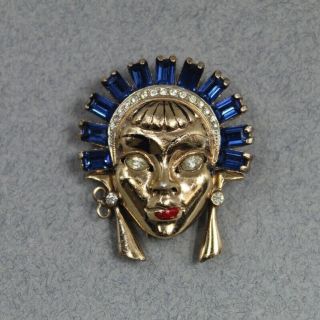 Coro Craft Sterling Silver Dress Clip Pin Woman With Blue Rhinestone Headdress
