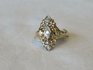 Art Deco 14k Yellow Gold Diamond Filigree Ring Size 4.  5 17.  5 Mm Long