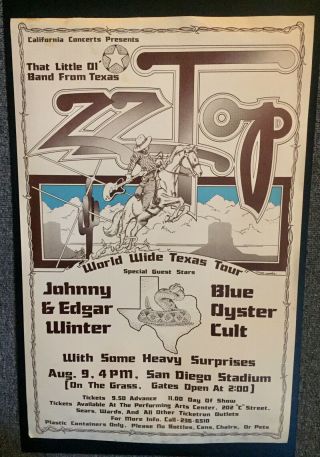 Zz Top Vintage 1976 San Deigo Concert Poster Showbill Worldwide Texas