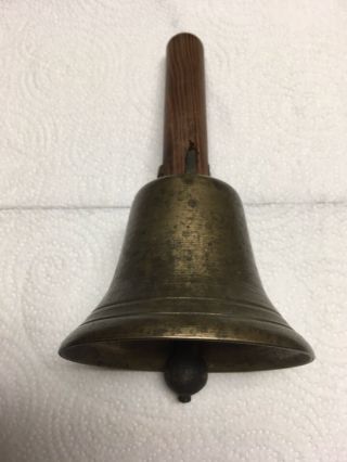 15.  Primitive Antique Brass School Bell W/ Wood Handle.  Good Patina