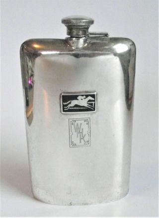 Large Antique 7 " Sterling Silver Enamel Jockey Race Horse Deco Pocket Hip Flask